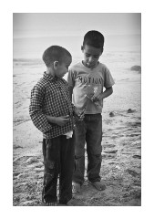 Boys on the Misty Beach with Pens