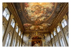London in October 07  The Painted Hall is often described as the ‘finest dining hall in Europe’. Designed by Sir Christopher Wren and Nicholas Hawksmoor, it was originally intended as an eating space for the naval veterans who lived here at the Royal Hospital for Seamen. Its exuberant wall and ceiling decorations are by Sir James Thornhill and pay tribute to British maritime power.