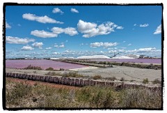 Aigues Mortes 13  The Salt mountains, fields of purple water and a stream of red water